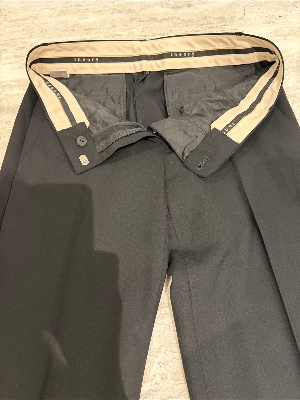 Theory Men's Black Dress Pants with Beige Waistband Trim